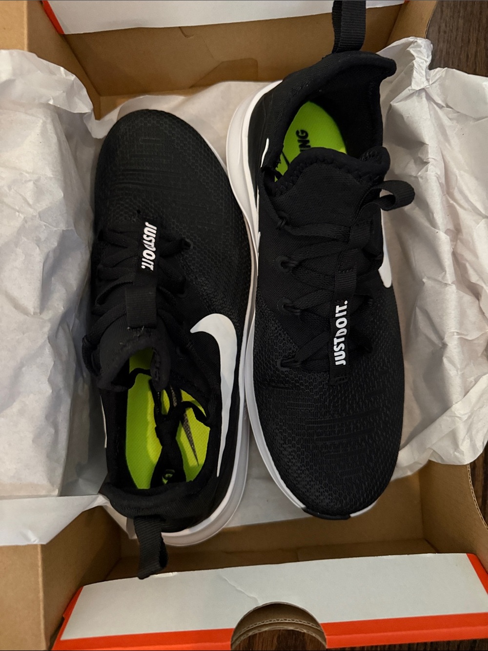 Nike Black and Neon Green Women's Running Shoes with White Swoosh